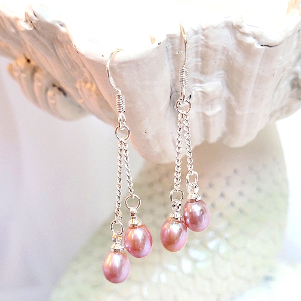 100% All Natural Freshwater Deep Pink Pearl Dangle Earrings Nwt
